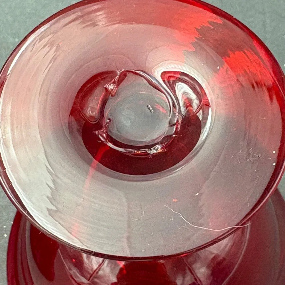 Vintage Ruby Red Hand Blown Glass Dessert Coupe Sherbet Set of 2 Art Deco Pontil
